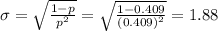 \sigma=\sqrt{\frac{1-p}{p^{2}}}=\sqrt{\frac{1-0.409}{(0.409)^{2}}}=1.88