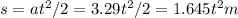 s = at^2/2 = 3.29t^2/2 = 1.645 t^2 m