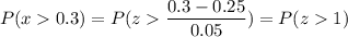 P( x  0.3) = P( z  \displaystyle\frac{0.3 - 0.25}{0.05}) = P(z  1)
