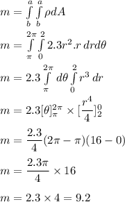 m=\int\limits^a_b \int\limits^a_b {\rho} dA\\\\m=\int\limits^{2\pi }_{\pi}\int\limits^2_0   {2.3r^2.r} \, drd\theta\\\\m=2.3\int\limits^{2\pi }_{\pi}  \, d\theta\int\limits^2_0 {r^3} \, dr\\\\m=2.3[\theta]_{\pi}^{2\pi}\times [\dfrac{r^4}{4}]_2^0\\\\m=\dfrac{2.3}{4}(2\pi-\pi)(16-0)\\\\m=\dfrac{2.3\pi}{4}\times 16\\\\m=2.3\times 4=9.2