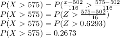P(X575)=P(\frac{x-502}{116}\frac{575-502}{116}\\P(X575)=P(Z\frac{575-502}{116})\\P(X575)=P(Z0.6293)\\P(X575)=0.2673