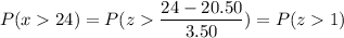 P( x  24) = P( z  \displaystyle\frac{24 - 20.50}{3.50}) = P(z  1)