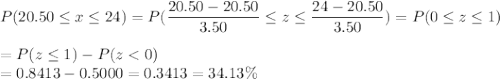 P(20.50 \leq x \leq 24) = P(\displaystyle\frac{20.50 - 20.50}{3.50} \leq z \leq \displaystyle\frac{24-20.50}{3.50}) = P(0 \leq z \leq 1)\\\\= P(z \leq 1) - P(z < 0)\\= 0.8413 - 0.5000 = 0.3413 = 34.13\%