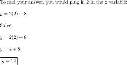 \text{To find your answer, you would plug in 2 in the x variable:}\\\\y=2(2)+8\\\\\text{Solve:}\\\\y=2(2)+8\\\\y=4+8\\\\\boxed{y=12}