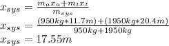 x_{sys}=\frac{m_{a}x_{a}+m_{t}x_{t}}{m_{sys}}\\x_{sys}=\frac{(950kg*11.7m)+(1950kg*20.4m)}{950kg+1950kg}\\  x_{sys}=17.55m