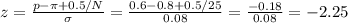 z=\frac{p-\pi+0.5/N}{\sigma} =\frac{0.6-0.8+0.5/25}{0.08}= \frac{-0.18}{0.08} =-2.25