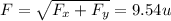 F = \sqrt{F_x+F_y}= 9.54 u
