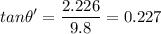 \displaystyle tan\theta'=\frac{2.226}{9.8}=0.227