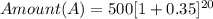 Amount (A) = 500[1+0.35]^{20}