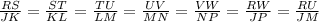 \frac{RS}{JK}=\frac{ST}{KL}=\frac{TU}{LM}=\frac{UV}{MN}=\frac{VW}{NP}=\frac{RW}{JP}=\frac{RU}{JM}