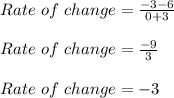 Rate\ of\ change = \frac{-3-6}{0+3}\\\\Rate\ of\ change = \frac{-9}{3}\\\\Rate\ of\ change = -3