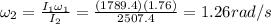 \omega_2=\frac{I_1 \omega_1}{I_2}=\frac{(1789.4)(1.76)}{2507.4}=1.26 rad/s