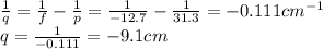 \frac{1}{q}=\frac{1}{f}-\frac{1}{p}=\frac{1}{-12.7}-\frac{1}{31.3}=-0.111 cm^{-1}\\q=\frac{1}{-0.111}=-9.1 cm