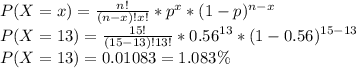 P(X=x) = \frac{n!}{(n-x)!x!} *p^x*(1-p)^{n-x}\\P(X=13) = \frac{15!}{(15-13)!13!} *0.56^{13}*(1-0.56)^{15-13}\\P(X=13) = 0.01083=1.083\%