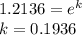 1.2136=e^k\\k = 0.1936