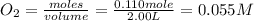 O_2=\frac{moles}{volume}=\frac{0.110mole}{2.00L}=0.055M