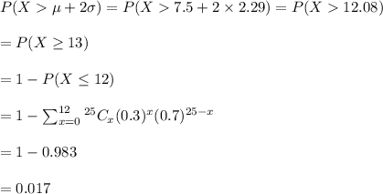 P(X\mu+2\sigma)=P(X7.5+2\times 2.29)=P(X12.08)\\\\=P(X\geq 13)\\\\=1-P(X\leq 12)\\\\=1-\sum _{x=0}^{12}^{25}C_x(0.3)^x(0.7)^{25-x}\\\\=1-0.983\\\\=0.017