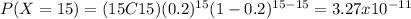 P(X=15)=(15C15)(0.2)^{15} (1-0.2)^{15-15}=3.27x10^{-11}