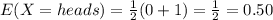 E(X=heads)=\frac{1}{2}(0+1)=\frac{1}{2}=0.50