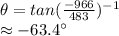 \theta= tan({\frac{-966}{483}})^-^1\\\approx -63.4\textdegree