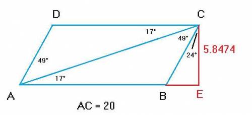 A diagonal of a parallelogram is 20 inches long and makes angles of 17° and 49° with the sides. How