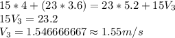 15*4+(23*3.6)=23*5.2+15V_3\\15V_3=23.2\\V_3=1.546666667\approx 1.55 m/s