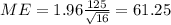 ME=1.96\frac{125}{\sqrt{16}}=61.25