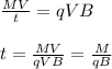\frac{MV}{t} = qVB\\\\t = \frac{MV}{qVB} = \frac{M}{qB}