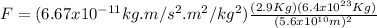 F = (6.67x10^{-11}kg.m/s^{2}.m^{2}/kg^{2})\frac{(2.9Kg)(6.4x10^{23}Kg)}{(5.6x10^{10}m)^{2}}