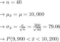 \to n = 40 \\\\\to \mu_{\bar{x}} = \mu = 10,000\\\\\to \sigma_{\bar{x}} = \frac{\sigma}{\sqrt{n}} = \frac{500}{\sqrt{40}} = 79.06\\\\\to P( 9,900 < \bar{x}< 10,200 )\\\\