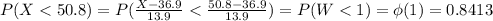 P(X < 50.8) = P(\frac{X-36.9}{13.9} < \frac{50.8-36.9}{13.9}) = P(W < 1) = \phi(1) = 0.8413