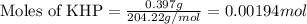 \text{Moles of KHP}=\frac{0.397g}{204.22g/mol}=0.00194mol