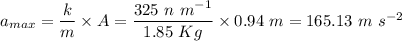 a_{max} = \dfrac{k}{m} \times A = \dfrac{325~n~m^{-1}}{1.85~Kg} \times 0.94~m = 165.13~m~s^{-2}