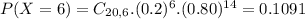 P(X = 6) = C_{20,6}.(0.2)^{6}.(0.80)^{14} = 0.1091