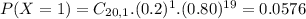 P(X = 1) = C_{20,1}.(0.2)^{1}.(0.80)^{19} = 0.0576