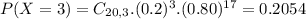 P(X = 3) = C_{20,3}.(0.2)^{3}.(0.80)^{17} = 0.2054