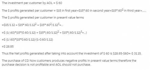 AOL bought customers from CD Now for $60 per customer. CD Now’s annual retention rate was 60 percent