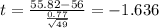 t=\frac{55.82-56}{\frac{0.77}{\sqrt{49}}}=-1.636