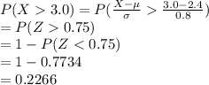 P(X3.0)=P(\frac{X-\mu}{\sigma}\frac{3.0-2.4}{0.8})\\=P(Z0.75)\\=1-P(Z