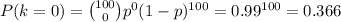 P(k=0)=\binom{100}{0}p^0(1-p)^{100}=0.99^{100}=0.366