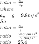 ratio=\frac{a_{x}}{a_{y}}\\ where\\a_{y}=g=9.8m/s^2\\So\\ratio=\frac{a_{x}}{g}\\ ratio=\frac{248.9m/s^2}{9.8m/s^2} \\ratio=25.4