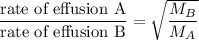 \dfrac{\text{rate of effusion A}}{\text{rate of effusion B}}=\sqrt{\dfrac{M_B}{M_A}}