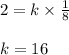 2 = k \times \frac{1}{8}\\\\k = 16