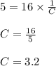 5 = 16 \times \frac{1}{C}\\\\C = \frac{16}{5}\\\\C = 3.2