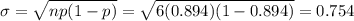 \sigma = \sqrt{np(1-p)} = \sqrt{6(0.894)(1-0.894)} = 0.754