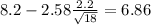8.2-2.58\frac{2.2}{\sqrt{18}}=6.86