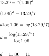 13.29=7(1.06)^d\\\\(1.06)^d=13.29/7\\\\d\log 1.06=\log (13.29/7)\\\\d=\dfrac{\log (13.29/7)}{\log 1.06}\\ \\ \\ d=11.00=11