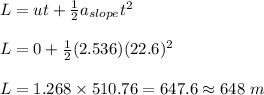 L=ut+\frac{1}{2}a_{slope}t^2\\\\L=0+\frac{1}{2}(2.536)(22.6)^2\\\\L=1.268\times 510.76=647.6\approx 648\ m