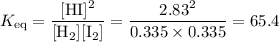 K_{\text{eq}} = \dfrac{\text{[HI]$^{2}$}}{\text{[H$_{2}]$[I$_{2}$]}} = \dfrac{2.83^{2}}{0.335 \times 0.335} = 65.4
