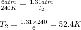 \frac{6atm}{240K}=\frac{1.31atm}{T_2}\\\\T_2=\frac{1.31\times 240}{6}=52.4K